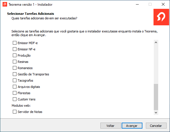 Tela "Selecionar Tarefas Adicionais" com segunda parte da lista de módulos: Emissor MDF-e, Emissor NF-e, Produção, Resinas, Romaneios, Gestão de Transportes, Tacografos, Arquivos digitais, Florestas, Custom Vans; seção "Modulos web" com Servidor de Notas