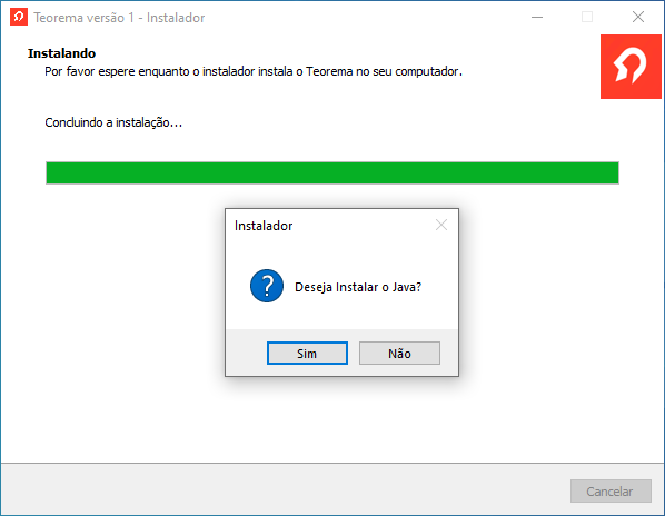 Diálogo "Deseja Instalar o Java?" com botões Sim e Não, exibido sobre a tela de instalação em andamento