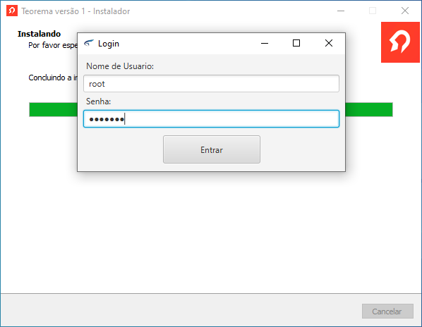 Janela Login com campo "Nome de Usuario" preenchido com "root" e campo "Senha" com caracteres mascarados