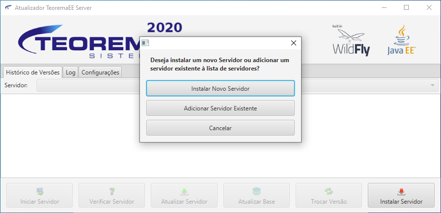 Diálogo com opções "Instalar Novo Servidor", "Adicionar Servidor Existente" e "Cancelar"
