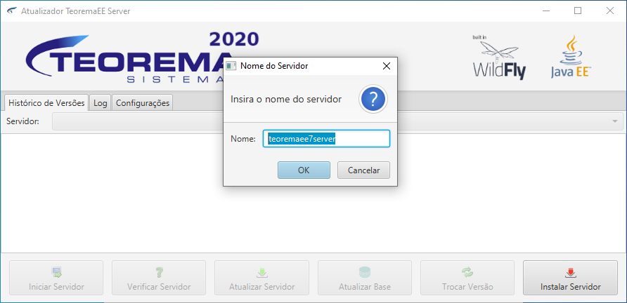 Diálogo "Nome do Servidor" com campo "Nome" preenchido com "teoremaee7server" e botões OK e Cancelar