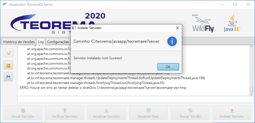 Diálogo "Instalar Servidor" com mensagem "Servidor Instalado com Sucesso!" no caminho C:/teorema/javaapp/teoremaee7server e botão OK