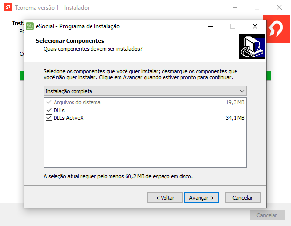 Janela "eSocial - Programa de Instalação" em "Selecionar Componentes" com "Instalação completa" selecionada no menu suspenso; componentes: Arquivos do sistema (19,3 MB), DLLs e DLLs ActiveX (34,1 MB) marcados