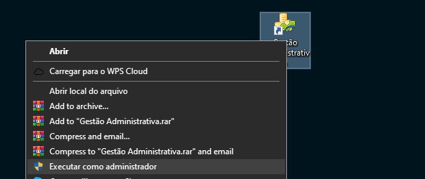 Menu de contexto do atalho "Gestão Administrativa" no desktop com opção "Executar como administrador" destacada