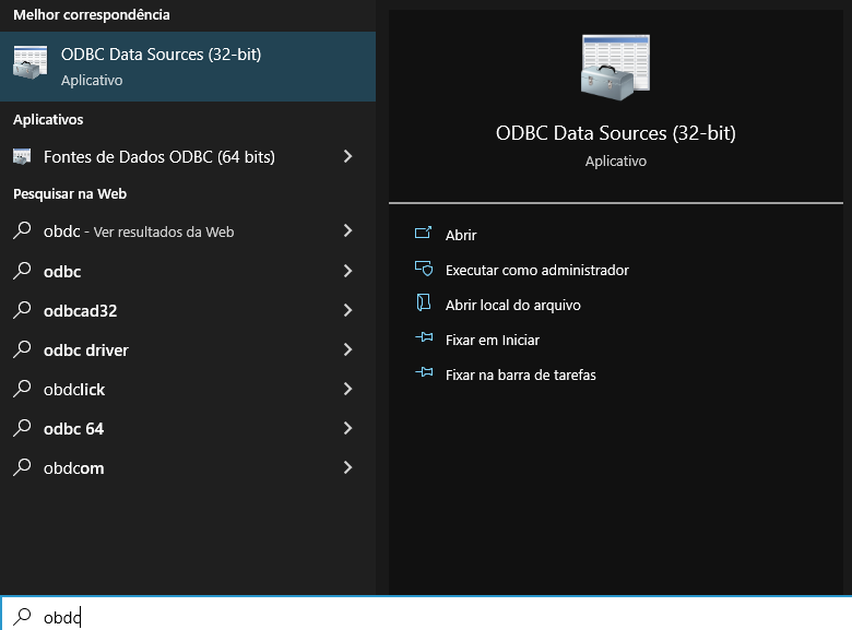 Pesquisa do Windows com termo "obdc" exibindo resultado "ODBC Data Sources (32-bit)" como melhor correspondência