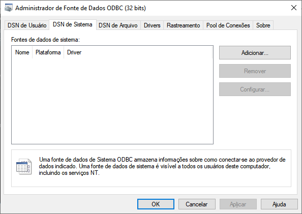 Janela "Administrador de Fonte de Dados ODBC (32 bits)" na aba "DSN de Sistema" com lista de fontes vazia e botão Adicionar