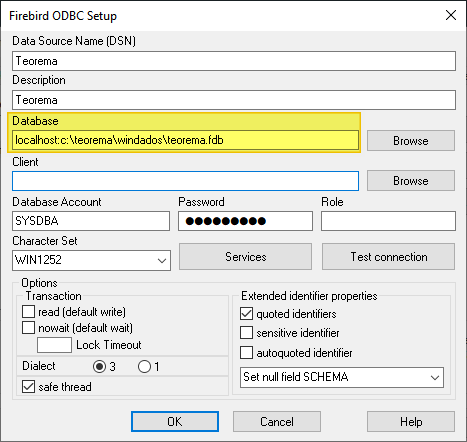 Janela "Firebird ODBC Setup" com campos: Data Source Name "Teorema", Description "Teorema", Database "localhost:c:\teorema\windados\teorema.fdb", Database Account "SYSDBA", Password mascarado, Character Set "WIN1252", Dialect 3, opção "safe thread" marcada