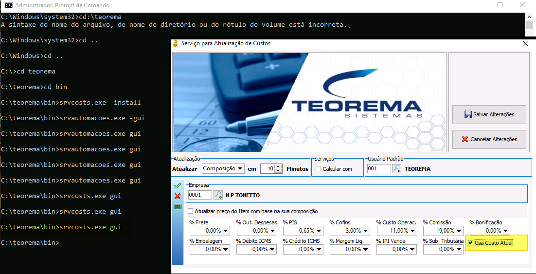 Prompt de Comando como Administrador exibindo os comandos srvcost.exe -install e srvcost.exe gui, ao lado da janela Serviço para Atualização de Custos com campos Atualizar, Serviços, Usuário Padrão, Empresa e percentuais de custo (% Frete, % PIS, % Cofins, % Custo Operac., % Comissão, % Bonificação, % Embalagem, % Débito ICMS, % Crédito ICMS, % Margem Liq., % IPI Venda, % Sub. Tributária), além dos botões Salvar Alterações e Cancelar Alterações