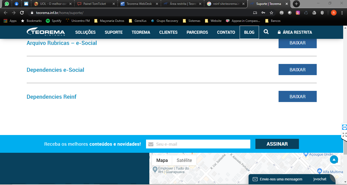 Página de Suporte do site da Teorema exibindo itens disponíveis para download: "Arquivo Rubricas – e-Social", "Dependencies e-Social" e "Dependencies Reinf", cada um com botão "BAIXAR"