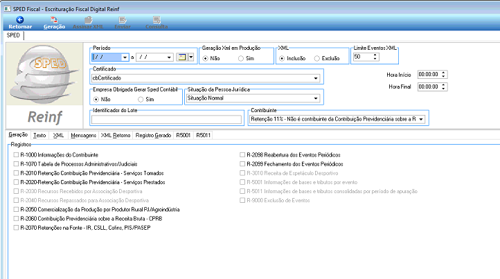 Tela "SPED Fiscal – Escrituração Fiscal Digital Reinf" com abas Geração, Texto, XML, Monitoramento, XML Retorno, Registro Gerado, R5001 e R5011; painel "Registros" listando eventos R-1000 Informações do Contribuinte, R-1070, R-2010, R-2020, R-2040, R-2050, R-2060, R-2070, R-2098, R-2099, R-3010, R-5001, R-5011, R-9000 e outros