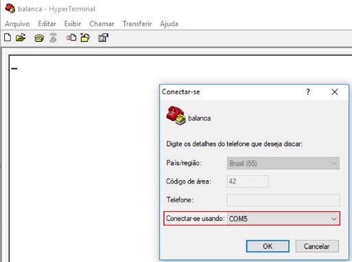 Hyper Terminal — janela "Conectar-se" com campo "Conectar-se usando" definido como COM5