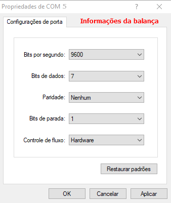 Hyper Terminal — aba "Configurações de porta" com campos Bits por segundo (9600), Bits de dados (7), Paridade (Nenhum), Bits de parada (1), Controle de fluxo (Hardware) e botão Restaurar padrões