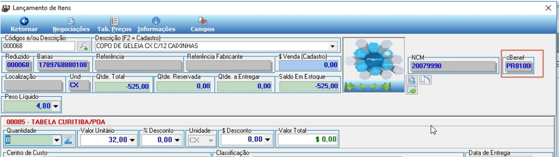 Tela Lançamento de Itens com item 000068 (COPO DE GELEIA CX C/12 CAIXINHAS), campo NCM 20079990 e campo cBenef preenchido com PR81001 destacado no canto superior direito