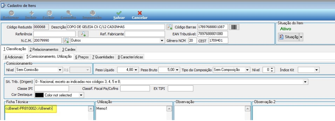 Tela Cadastro de Itens com item 000068 (COPO DE GELEIA CX C/12 CAIXINHAS), NCM 20079990, aba 5 Comissionamento Utilização aberta, campo Ficha Técnica exibindo o conteúdo <cBenef>PR810002</cBenef>