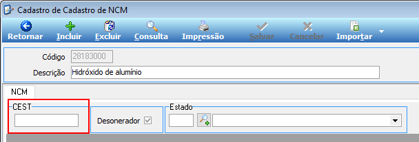 Tela Cadastro de NCM com campo CEST em destaque