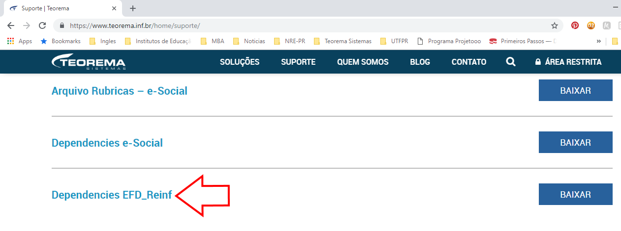 Site Teorema Sistemas — página Suporte com link "Dependencies EFD_Reinf" e botão Baixar