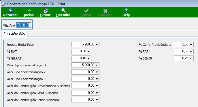Cadastro de Configuração ECD - Reinf, aba "1 Registro 2050", campos: Mês/Ano, Receita Bruta Total, % Contr.Previdenciária, % RAT, % FAP, % GILRAT, % SENAR, Valor Tipo Comercialização 1/2/3, Valor da Contribuição Previdenciária Suspensa, Valor da Contribuição Gilrat Suspensa, Valor da Contribuição Senar Suspensa