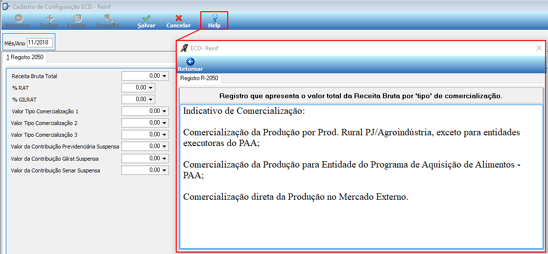 Tela "Cadastro de Configuração ECD - Reinf" com painel de ajuda "ECD-Reinf" aberto, exibindo o texto do Registro R-2050 — Indicativo de Comercialização