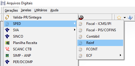 Módulo Arquivos Digitais, menu Gerações > SPED com submenu exibindo opções: Fiscal – ICMS/IPI, Fiscal – PIS/COFINS, Contábil, Reinf, FCONT, ECF. Item "Reinf" está selecionado