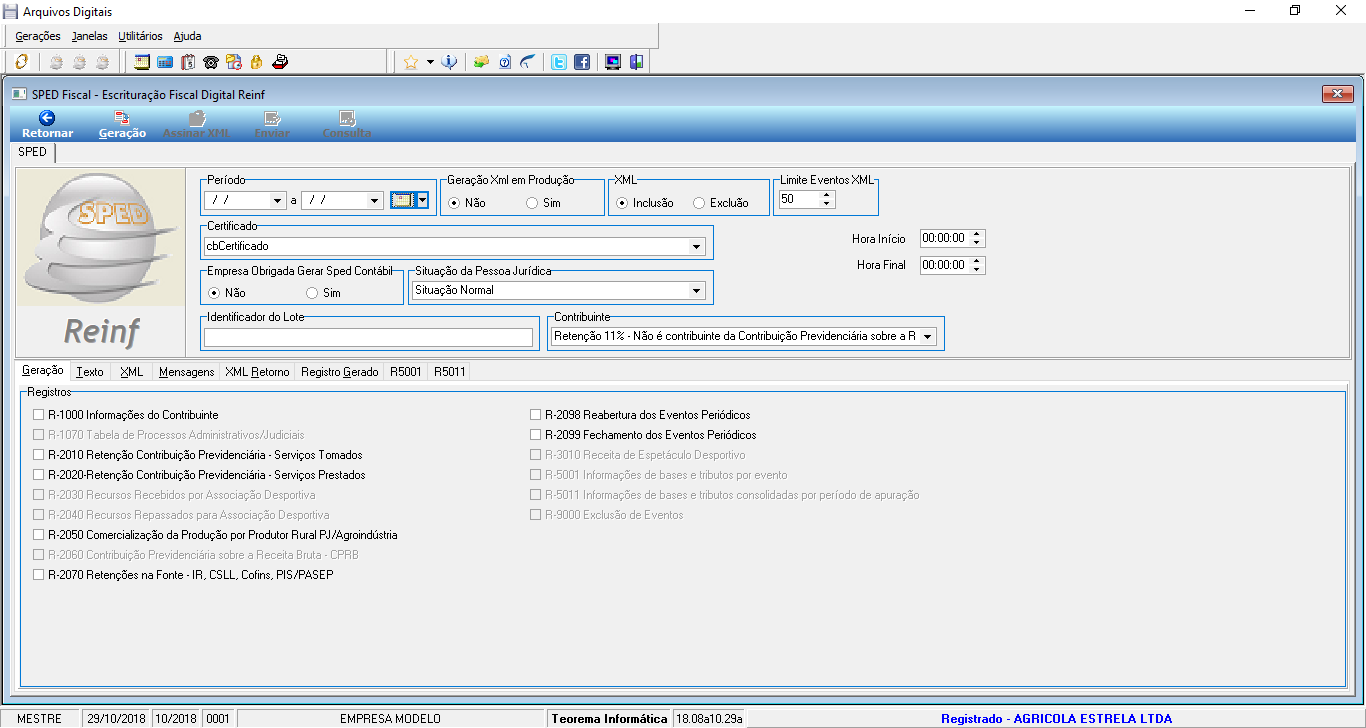 Tela SPED Fiscal — Escrituração Fiscal Digital Reinf com campos Período, Geração Xml em Produção, XML, Limite Eventos XML, Certificado, Empresa Obrigada Gerar Sped Contábil, Situação da Pessoa Jurídica, Identificador do Lote, Contribuinte e painel Registros com lista de eventos R-1000 a R-9000