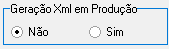 Campo "Geração Xml em Produção" com opções "Não" (selecionado) e "Sim"