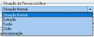 Campo "Situação da Pessoa Jurídica" com dropdown exibindo opções: Situação Normal, Extinção, Fusão, Cisão, Incorporação