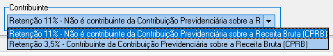 Campo "Contribuinte" com dropdown exibindo opções: "Retenção 11% — Não é contribuinte da Contribuição Previdenciária sobre a Receita Bruta (CPRB)" e "Retenção 3,5% — Contribuinte da Contribuição Previdenciária sobre a Receita Bruta (CPRB)"