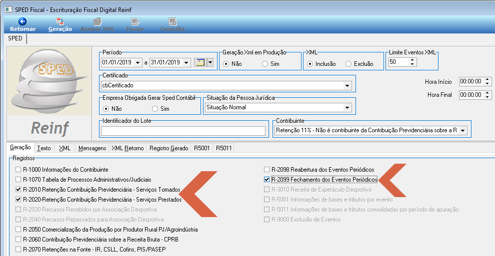 Tela SPED Fiscal — Escrituração Fiscal Digital Reinf com eventos R-2010, R-2020 e R-2099 marcados; setas indicando os checkboxes selecionados