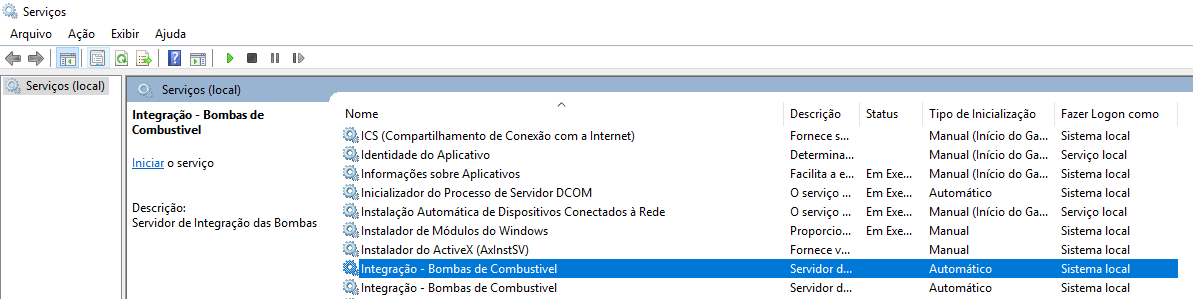 Gerenciador de Serviços do Windows com o serviço "Integração – Bombas de Combustivel" selecionado, exibindo Tipo de Inicialização "Automático" e Fazer Logon como "Sistema local"