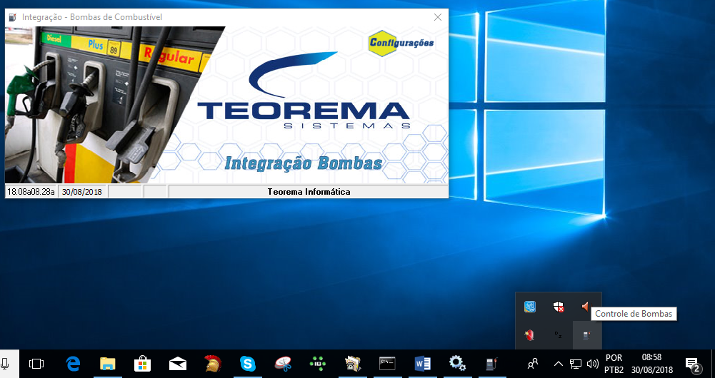 Barra de tarefas do Windows com o ícone do serviço SrvBombas — Integração Bombas — visível na área de notificação