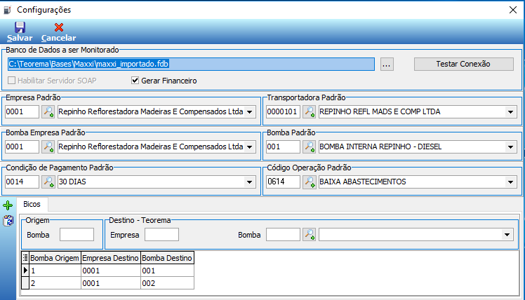 Tela de Configurações do SrvBombas com campos: Banco de Dados a ser Monitorado, checkbox Gerar Financeiro marcado, Empresa Padrão, Transportadora Padrão, Bomba Empresa Padrão, Bomba Padrão, Condição de Pagamento Padrão, Código Operação Padrão, grade Bicos com colunas Bomba Origem, Empresa Destino e Bomba Destino, e botões Salvar e Cancelar