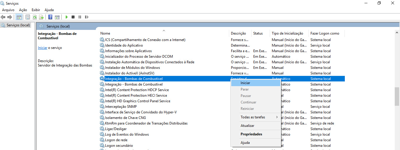 Gerenciador de Serviços do Windows com menu de contexto aberto sobre o serviço "Integração – Bombas de Combustivel", opção "Iniciar" em destaque