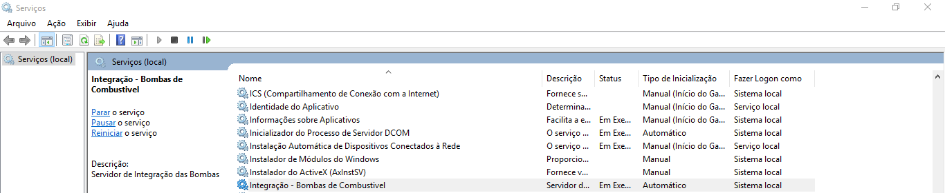 Gerenciador de Serviços do Windows com o serviço "Integração – Bombas de Combustivel" em execução, Status "Em Exe...", Tipo de Inicialização "Automático"
