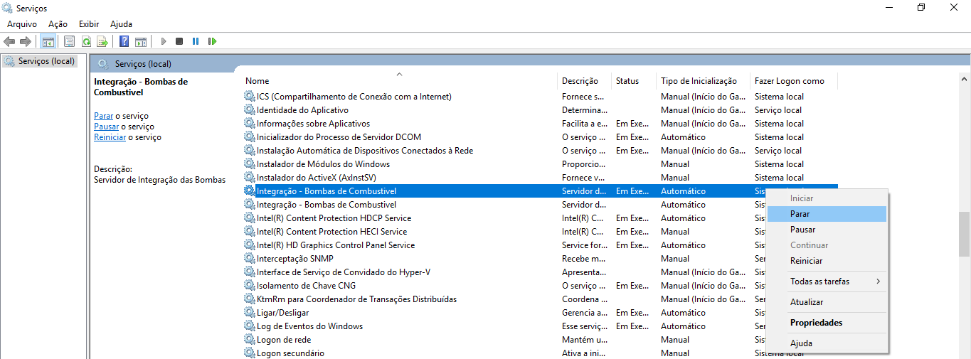 Gerenciador de Serviços do Windows com menu de contexto aberto sobre o serviço "Integração – Bombas de Combustivel" em execução, opção "Parar" em destaque
