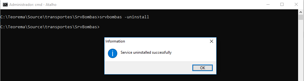 Prompt de Comando do Windows com o comando srvbombas -uninstall executado e caixa de diálogo "Information" exibindo a mensagem "Service uninstalled successfully" com botão OK