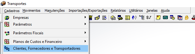 Menu do módulo Transportes com o submenu Cadastros expandido e o item "Clientes, Fornecedores e Transportadores" selecionado