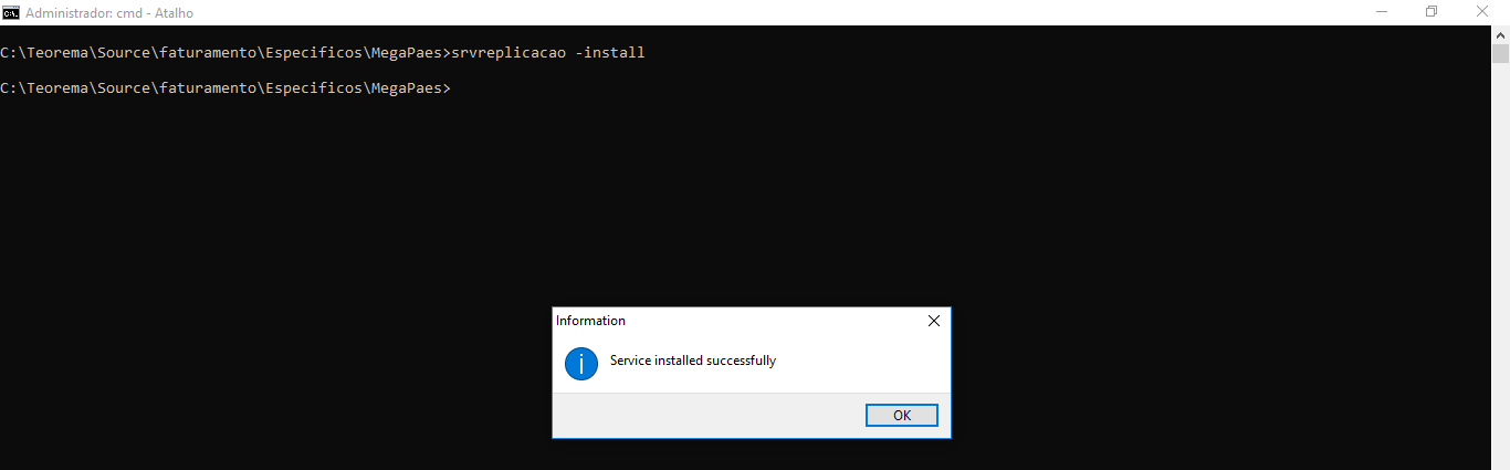 Prompt de Comando do Windows exibindo o comando srvreplicacao -install e o diálogo "Service installed successfully"