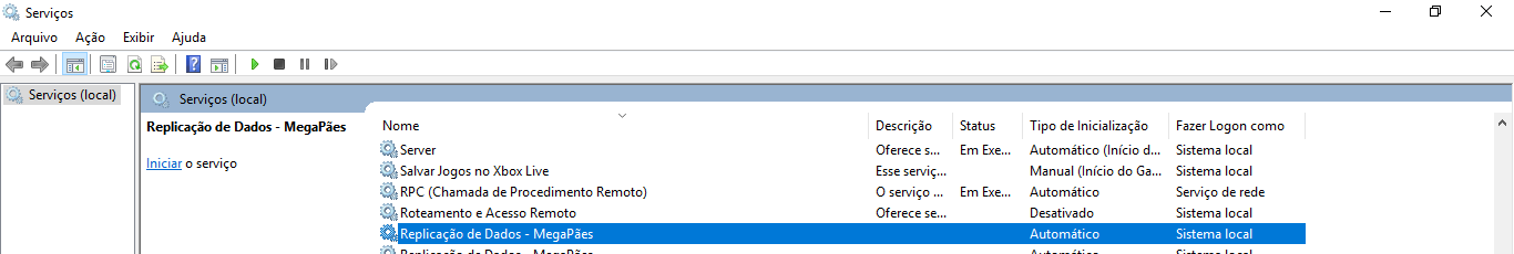 Painel Serviços do Windows com a entrada "Replicação de Dados - MegaPães" selecionada, Tipo de Inicialização Automático, Fazer Logon como Sistema local