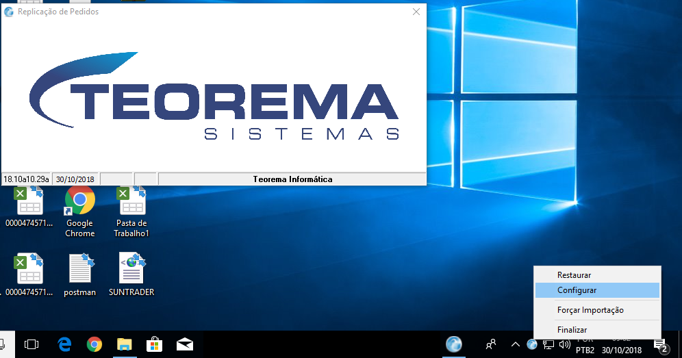 Desktop do Windows com a janela "Replicação de Pedidos" da Teorema Sistemas aberta e o menu de contexto exibido na barra de tarefas com as opções Restaurar, Configurar, Forçar Importação e Finalizar