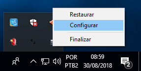 Menu de contexto na bandeja do sistema com as opções Restaurar, Configurar e Finalizar