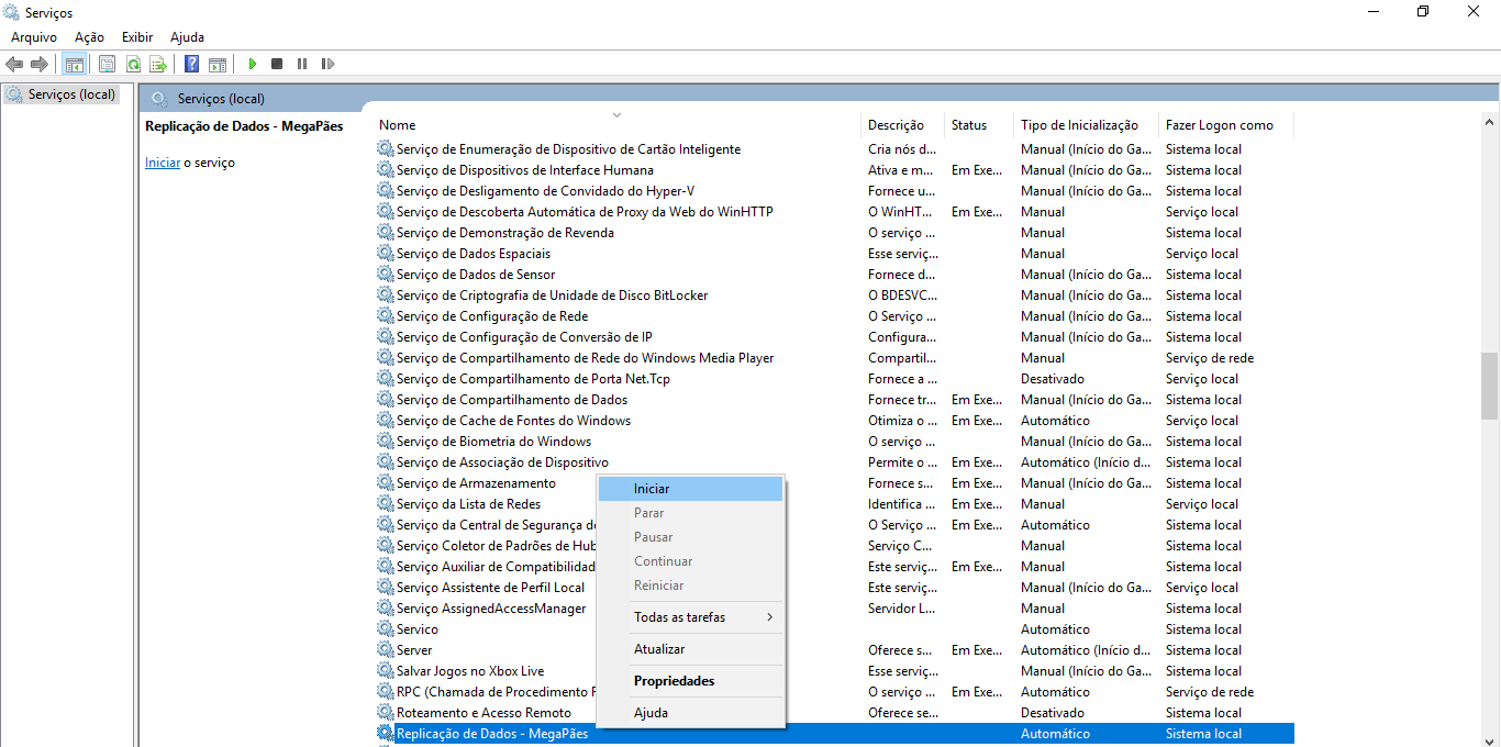 Painel Serviços do Windows com o menu de contexto sobre "Replicação de Dados - MegaPães" e a opção Iniciar destacada