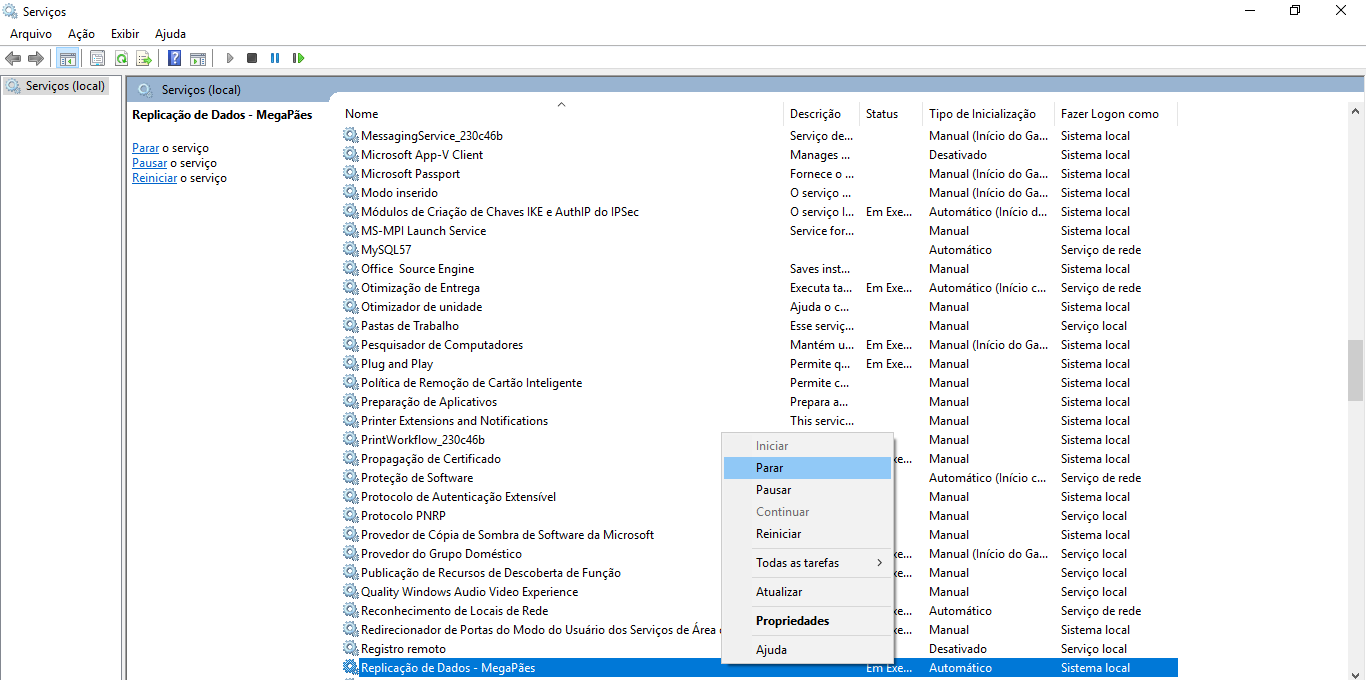 Painel Serviços do Windows com o menu de contexto sobre "Replicação de Dados - MegaPães" e a opção Parar destacada
