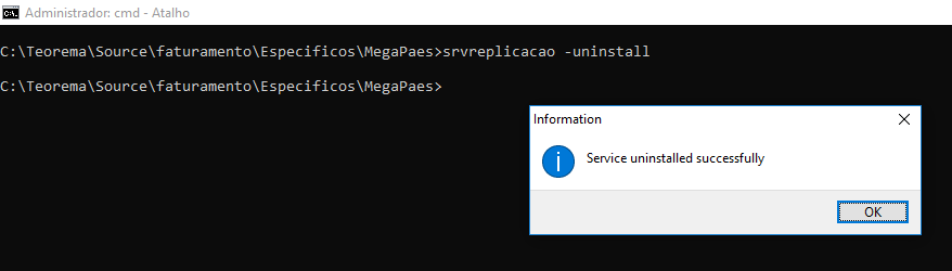 Prompt de Comando do Windows exibindo o comando srvreplicacao -uninstall e o diálogo "Service uninstalled successfully"