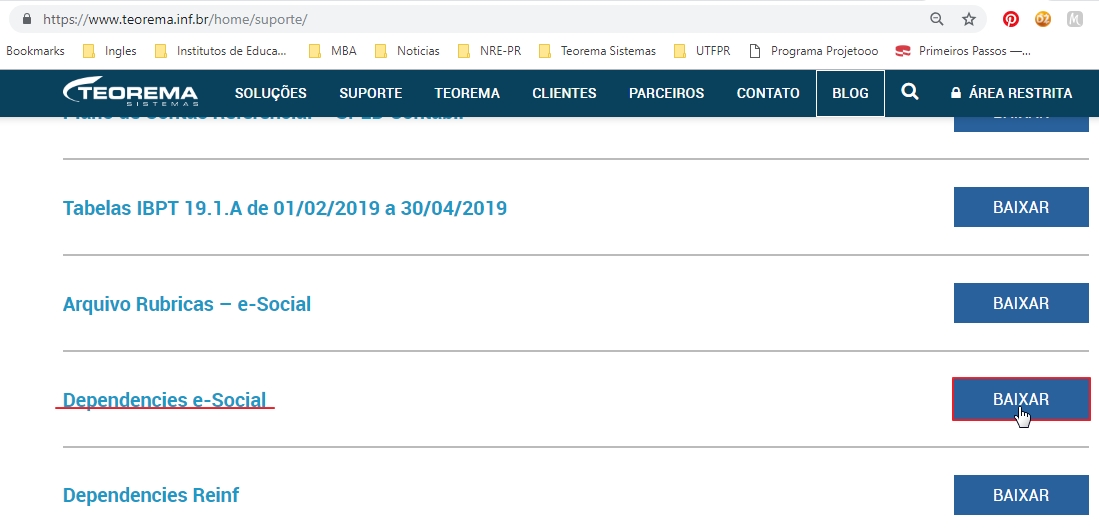 Site Teorema Sistemas — página de Suporte com item "Dependencies e-Social" listado e botão BAIXAR selecionado