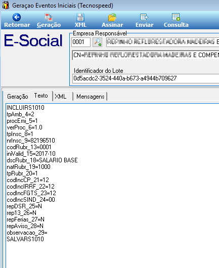 Aba Texto da tela Geração Eventos Iniciais exibindo o layout gerado para o evento S-1010 Salário Base, com campos dscRubr=SALARIO BASE, nrInsc e demais parâmetros do XML