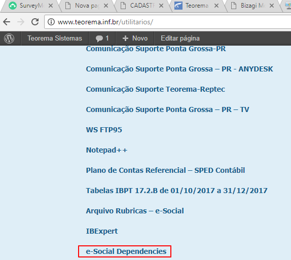Página www.teorema.inf.br/utilitarios/ exibindo lista de utilitários; item "e-Social Dependencies" destacado com borda vermelha