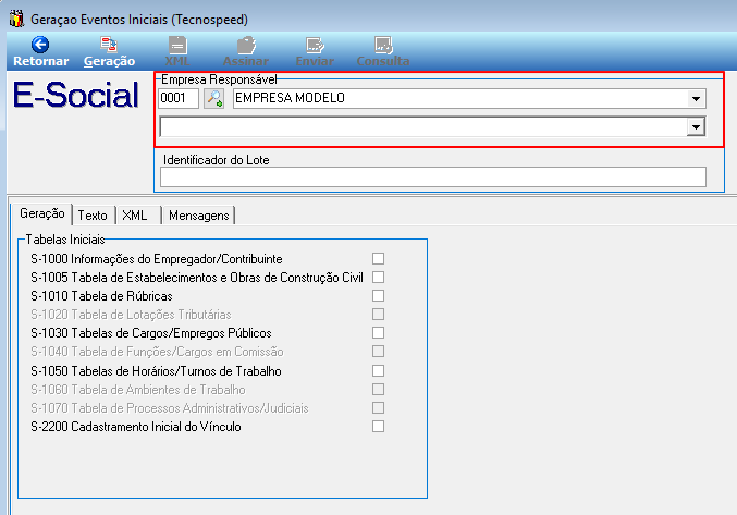 Tela Geração Eventos Iniciais (Tecnospeed) com campos Empresa Responsável e certificado digital destacados, além de abas Geração, Texto, XML e Mensagens e lista de tabelas S-1000 a S-2200