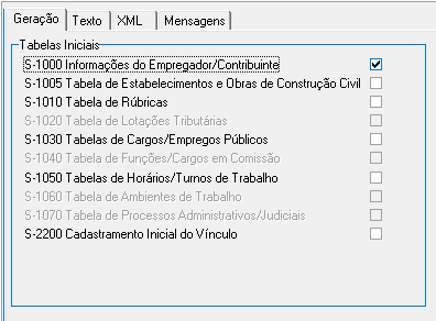 Aba Geração com lista de tabelas iniciais do eSocial; S-1000 Informações do Empregador/Contribuinte marcada com checkbox