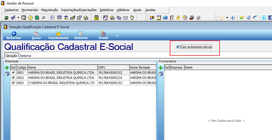 Tela Geração Qualificação Cadastral E-Social com lista de empresas, colunas Código, Nome e CNPJ; opção "Com autonomos ativos" marcada no canto superior direito