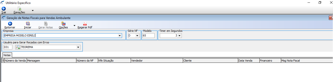 Tela Geração de Notas Fiscais para Vendas Ambulante com campos Empresa preenchida como "EMPRESA MODELO EIRELI", Série NF "D", Modelo "65", Timer em Segundos "3", e aba Notas com colunas Número da Venda, Mensagem, Número da NF, Nfe Situação, Vendedor, Cliente, Data Venda, Financeiro, Msg Nota Fiscal
